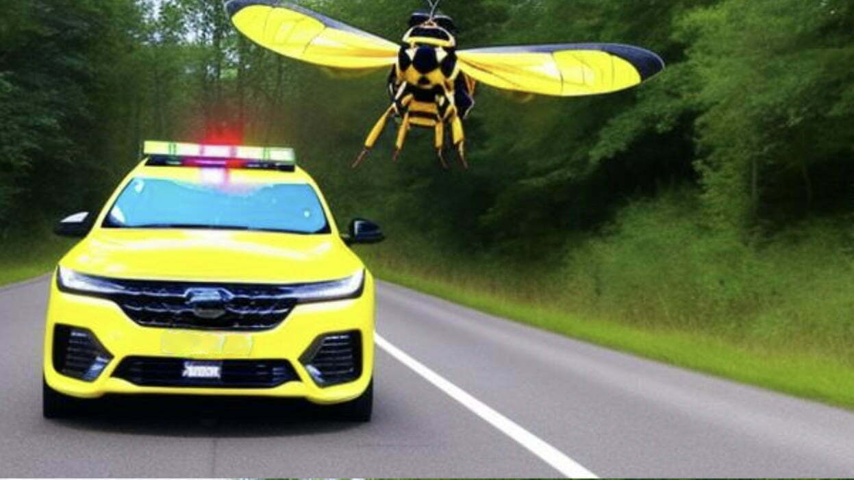 Giant Wasp Torments A Police Car Forcing it Offroad